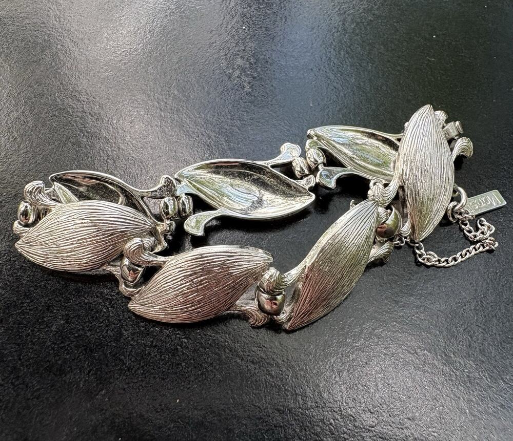 Vintage Monet Signed Textured Silver Tone Link Bracelet w/ Safety Chain